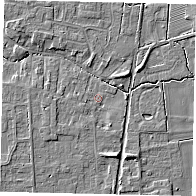 Shaded relief map of the ground around NG349DL, computed from Environment Agency LiDAR. The ground here sits at about 10 m above sea level and falls 7 m across the surrounding 800 m. Surface water reaching this point runs off ground lying to the north-west, 4.3 m higher.