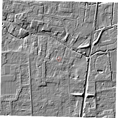 Shaded relief map of the ground around NG349DN, computed from Environment Agency LiDAR. The ground here sits at about 11 m above sea level and falls 7 m across the surrounding 800 m. Surface water reaching this point runs off ground lying to the west-south-west, 0.8 m higher.