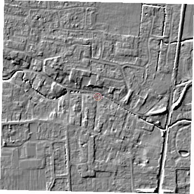 Shaded relief map of the ground around NG349DP, computed from Environment Agency LiDAR. The ground here sits at about 10 m above sea level and falls 7 m across the surrounding 800 m. Surface water reaching this point runs off ground lying to the north-west, 4.1 m higher.
