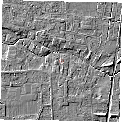 Shaded relief map of the ground around NG349DS, computed from Environment Agency LiDAR. The ground here sits at about 11 m above sea level and falls 6 m across the surrounding 800 m. Surface water reaching this point runs off ground lying to the south-south-west, 2.0 m higher.
