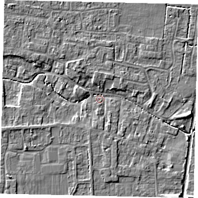 Shaded relief map of the ground around NG349DT, computed from Environment Agency LiDAR. The ground here sits at about 11 m above sea level and falls 6 m across the surrounding 800 m. Surface water reaching this point runs off ground lying to the north-west, 4.2 m higher.