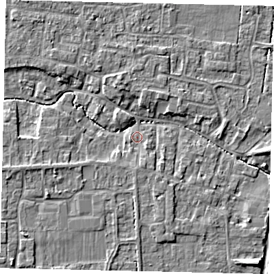 Shaded relief map of the ground around NG349DU, computed from Environment Agency LiDAR. The ground here sits at about 11 m above sea level and falls 6 m across the surrounding 800 m. Surface water reaching this point runs off ground lying to the west-south-west, 4.1 m higher.