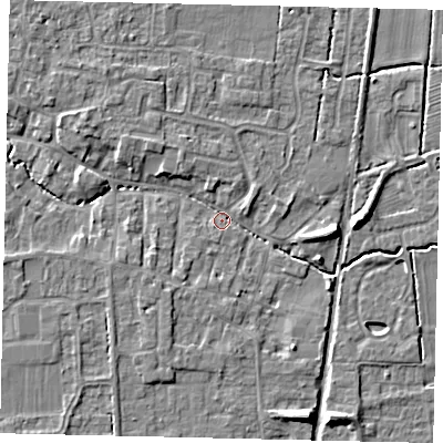 Shaded relief map of the ground around NG349DW, computed from Environment Agency LiDAR. The ground here sits at about 11 m above sea level and falls 7 m across the surrounding 800 m. Surface water reaching this point runs off ground lying to the west-north-west, 4.3 m higher.