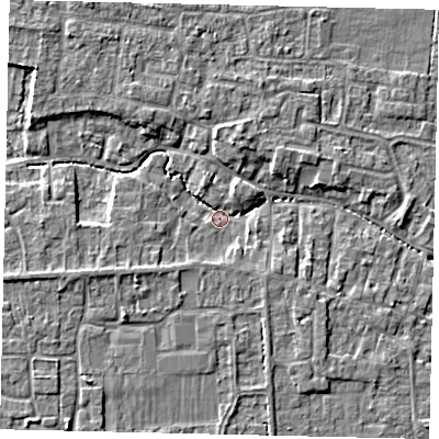 Shaded relief map of the ground around NG349DX, computed from Environment Agency LiDAR. The ground here sits at about 11 m above sea level and falls 5 m across the surrounding 800 m. Surface water reaching this point runs off ground lying to the north-west, 4.4 m higher.