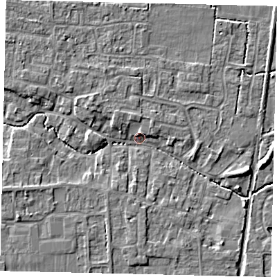 Shaded relief map of the ground around NG349DY, computed from Environment Agency LiDAR. The ground here sits at about 11 m above sea level and falls 6 m across the surrounding 800 m. Surface water reaching this point runs off ground lying to the west-north-west, 4.1 m higher.