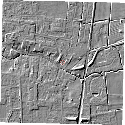 Shaded relief map of the ground around NG349DZ, computed from Environment Agency LiDAR. The ground here sits at about 11 m above sea level and falls 7 m across the surrounding 800 m. Surface water reaching this point runs off ground lying to the west-north-west, 4.3 m higher.