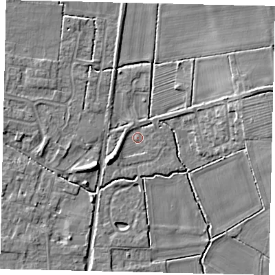 Shaded relief map of the ground around NG349EA, computed from Environment Agency LiDAR. The ground here sits at about 10 m above sea level and falls 10 m across the surrounding 800 m. Surface water reaching this point runs off ground lying to the south-west, 4.0 m higher.