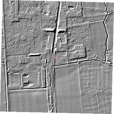 Shaded relief map of the ground around NG349ED, computed from Environment Agency LiDAR. The ground here sits at about 10 m above sea level and falls 9 m across the surrounding 800 m. Surface water reaching this point runs off ground lying to the north, 5.0 m higher.
