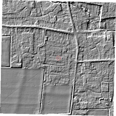 Shaded relief map of the ground around NG349EF, computed from Environment Agency LiDAR. The ground here sits at about 14 m above sea level and falls 6 m across the surrounding 800 m. Surface water reaching this point runs off ground lying to the west, 1.2 m higher.