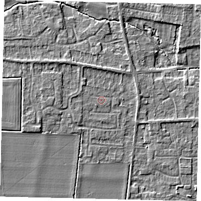 Shaded relief map of the ground around NG349EG, computed from Environment Agency LiDAR. The ground here sits at about 14 m above sea level and falls 6 m across the surrounding 800 m. Surface water reaching this point runs off ground lying to the north-west, 2.2 m higher.
