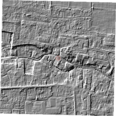 Shaded relief map of the ground around NG349EL, computed from Environment Agency LiDAR. The ground here sits at about 12 m above sea level and falls 5 m across the surrounding 800 m. Surface water reaching this point runs off ground lying to the north-east, 1.9 m higher.