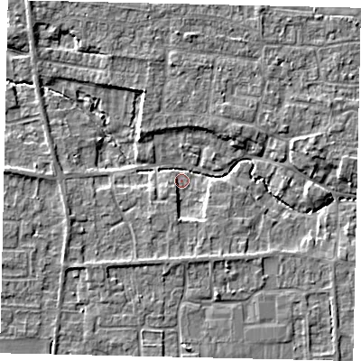 Shaded relief map of the ground around NG349EN, computed from Environment Agency LiDAR. The ground here sits at about 12 m above sea level and falls 6 m across the surrounding 800 m. Surface water reaching this point runs off ground lying to the north-west, 4.9 m higher.