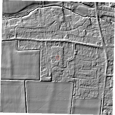 Shaded relief map of the ground around NG349EQ, computed from Environment Agency LiDAR. The ground here sits at about 15 m above sea level and falls 6 m across the surrounding 800 m. Surface water reaching this point runs off ground lying to the west, 0.7 m higher.