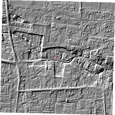 Shaded relief map of the ground around NG349ER, computed from Environment Agency LiDAR. The ground here sits at about 12 m above sea level and falls 6 m across the surrounding 800 m. Surface water reaching this point runs off ground lying to the north-west, 5.2 m higher.