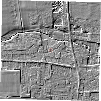 Shaded relief map of the ground around NG349FJ, computed from Environment Agency LiDAR. The ground here sits at about 15 m above sea level and falls 6 m across the surrounding 800 m. Surface water reaching this point runs off ground lying to the west, 2.1 m higher.