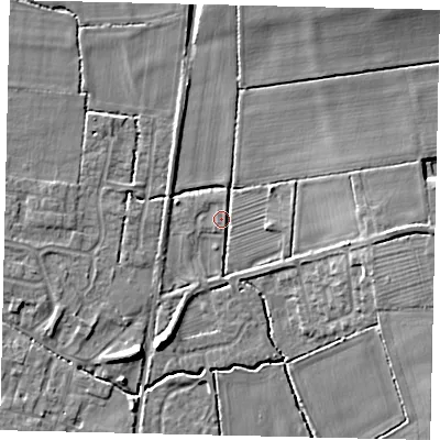 Shaded relief map of the ground around NG349FR, computed from Environment Agency LiDAR. The ground here sits at about 10 m above sea level and falls 10 m across the surrounding 800 m. Surface water reaching this point runs off ground lying to the north, 8.3 m higher.