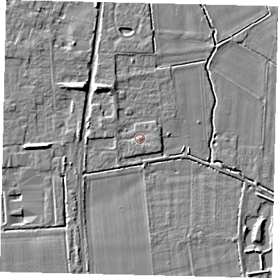 Shaded relief map of the ground around NG349GF, computed from Environment Agency LiDAR. The ground here sits at about 10 m above sea level and falls 9 m across the surrounding 800 m. Surface water reaching this point runs off ground lying to the south-east, 0.8 m higher.