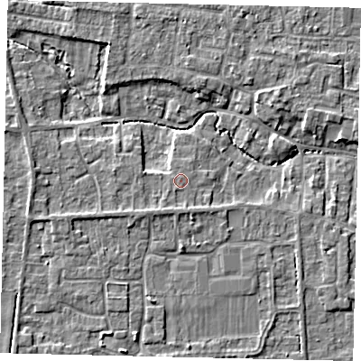 Shaded relief map of the ground around NG349GG, computed from Environment Agency LiDAR. The ground here sits at about 13 m above sea level and falls 5 m across the surrounding 800 m. Surface water reaching this point runs off ground lying to the south-west, 1.0 m higher.