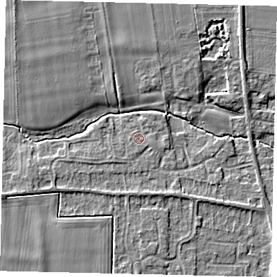 Shaded relief map of the ground around NG349GQ, computed from Environment Agency LiDAR. The ground here sits at about 15 m above sea level and falls 6 m across the surrounding 800 m. Surface water reaching this point runs off ground lying to the south, 0.9 m higher.