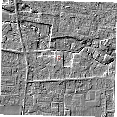 Shaded relief map of the ground around NG349GY, computed from Environment Agency LiDAR. The ground here sits at about 13 m above sea level and falls 6 m across the surrounding 800 m. Surface water reaching this point runs off ground lying to the south-west, 1.2 m higher.