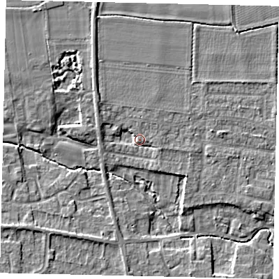 Shaded relief map of the ground around NG349HH, computed from Environment Agency LiDAR. The ground here sits at about 14 m above sea level and falls 6 m across the surrounding 800 m. Surface water reaching this point runs off ground lying to the north-west, 3.2 m higher.