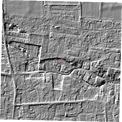 Shaded relief map of the ground around NG349HL, computed from Environment Agency LiDAR. The ground here sits at about 12 m above sea level and falls 6 m across the surrounding 800 m. Surface water reaching this point runs off ground lying to the north-east, 1.9 m higher.