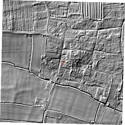 Shaded relief map of the ground around NG349LH, computed from Environment Agency LiDAR. The ground here sits at about 7 m above sea level and falls 6 m across the surrounding 800 m. Surface water reaching this point runs off ground lying to the north-east, 2.8 m higher.