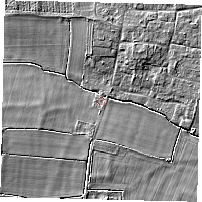 Shaded relief map of the ground around NG349LQ, computed from Environment Agency LiDAR. The ground here sits at about 5 m above sea level and falls 6 m across the surrounding 800 m. Surface water reaching this point runs off ground lying to the south, 1.3 m higher.