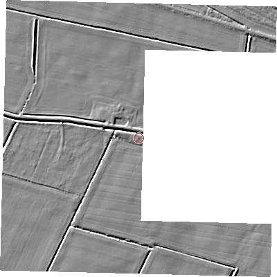 Shaded relief map of the ground around NG349LT, computed from Environment Agency LiDAR. The ground here sits at about 2 m above sea level and falls 3 m across the surrounding 800 m. Surface water reaching this point runs off ground lying to the west-north-west, 3.2 m higher.