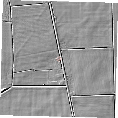 Shaded relief map of the ground around NG349LY, computed from Environment Agency LiDAR. The ground here sits at about 2 m above sea level and falls 5 m across the surrounding 800 m. Surface water reaching this point runs off ground lying to the north, 3.1 m higher.