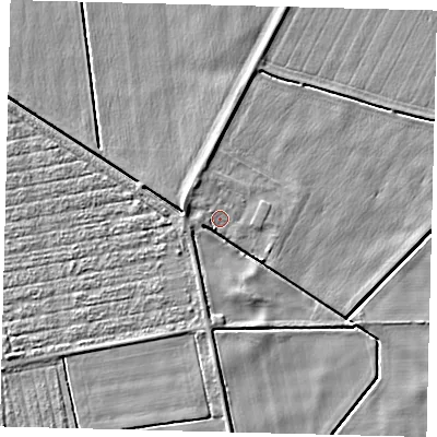 Shaded relief map of the ground around NG349LZ, computed from Environment Agency LiDAR. The ground here sits at about 2 m above sea level and falls 4 m across the surrounding 800 m. Surface water reaching this point runs off ground lying to the north-west, 0.6 m higher.