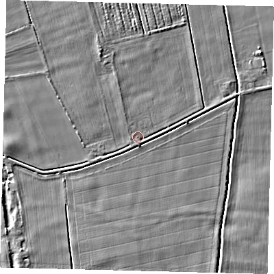 Shaded relief map of the ground around NG349NA, computed from Environment Agency LiDAR. The ground here sits at about 3 m above sea level and falls 4 m across the surrounding 800 m. Surface water reaching this point runs off ground lying to the west, 2.2 m higher.