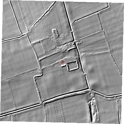 Shaded relief map of the ground around NG349NB, computed from Environment Agency LiDAR. The ground here sits at about 5 m above sea level and falls 6 m across the surrounding 800 m. Surface water reaching this point runs off ground lying to the west-north-west, 1.4 m higher.