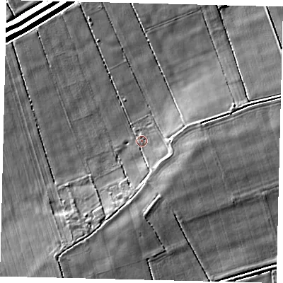 Shaded relief map of the ground around NG349ND, computed from Environment Agency LiDAR. The ground here sits at about 2 m above sea level and falls 6 m across the surrounding 800 m. Surface water reaching this point runs off ground lying to the south-south-east, 3.8 m higher.