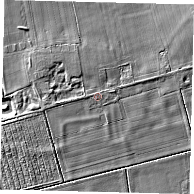Shaded relief map of the ground around NG349NE, computed from Environment Agency LiDAR. The ground here sits at about 5 m above sea level and falls 5 m across the surrounding 800 m. Surface water reaching this point runs off ground lying to the west, 0.8 m higher.
