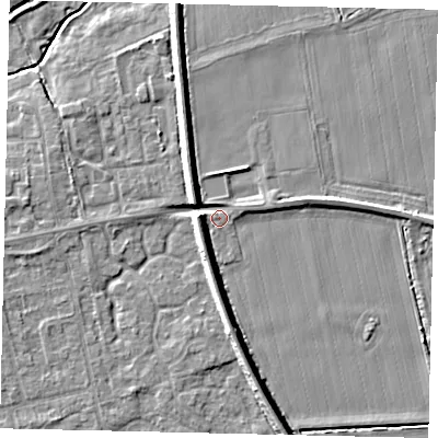 Shaded relief map of the ground around NG349NN, computed from Environment Agency LiDAR. The ground here sits at about 12 m above sea level and falls 7 m across the surrounding 800 m. Surface water reaching this point runs off ground lying to the south-south-west, 5.2 m higher.