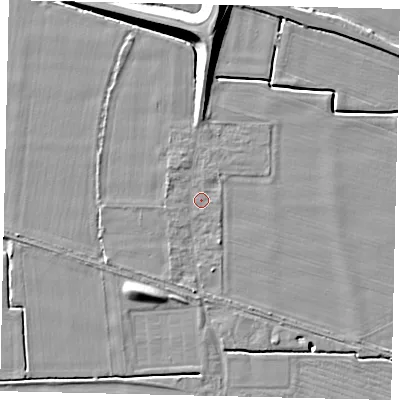 Shaded relief map of the ground around NG349NR, computed from Environment Agency LiDAR. The ground here sits at about 9 m above sea level and falls 13 m across the surrounding 800 m. Surface water reaching this point runs off ground lying to the north-north-west, 1.1 m higher.