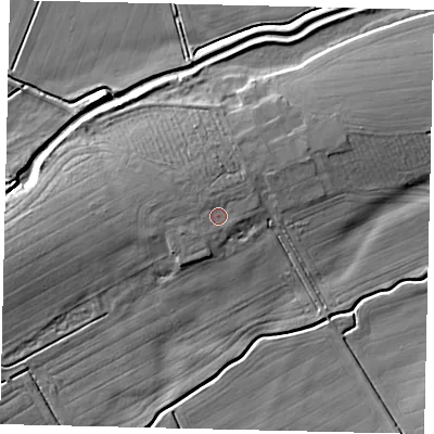 Shaded relief map of the ground around NG349PF, computed from Environment Agency LiDAR. The ground here sits at about 9 m above sea level and falls 9 m across the surrounding 800 m. Surface water reaching this point runs off ground lying to the west-north-west, 1.9 m higher.