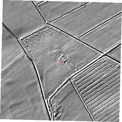 Shaded relief map of the ground around NG349PS, computed from Environment Agency LiDAR. The ground here sits at about 4 m above sea level and falls 6 m across the surrounding 800 m. Surface water reaching this point runs off ground lying to the south-south-west, 2.7 m higher.