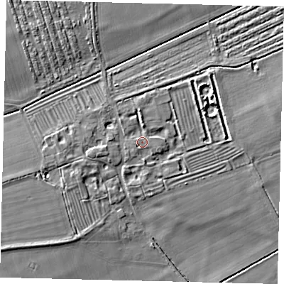 Shaded relief map of the ground around NG349PT, computed from Environment Agency LiDAR. The ground here sits at about 8 m above sea level and falls 8 m across the surrounding 800 m. Surface water reaching this point runs off ground lying to the west-south-west, 4.2 m higher.
