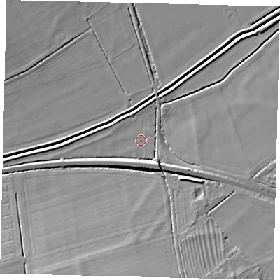 Shaded relief map of the ground around NG349PY, computed from Environment Agency LiDAR. The ground here sits at about 3 m above sea level and falls 10 m across the surrounding 800 m. Surface water reaching this point runs off ground lying to the south-east, 2.3 m higher.
