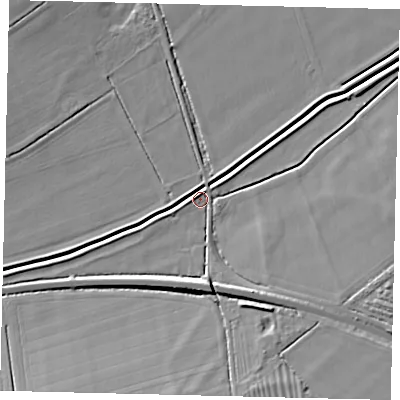 Shaded relief map of the ground around NG349PZ, computed from Environment Agency LiDAR. The ground here sits at about 3 m above sea level and falls 8 m across the surrounding 800 m. Surface water reaching this point runs off ground lying to the south-south-east, 6.3 m higher.