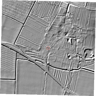 Shaded relief map of the ground around NG349QF, computed from Environment Agency LiDAR. The ground here sits at about 6 m above sea level and falls 15 m across the surrounding 800 m. Surface water reaching this point runs off ground lying to the north-north-west, 0.7 m higher.