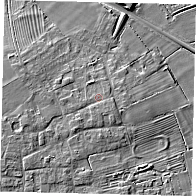 Shaded relief map of the ground around NG349RS, computed from Environment Agency LiDAR. The ground here sits at about 11 m above sea level and falls 11 m across the surrounding 800 m. Surface water reaching this point runs off ground lying to the south-west, 2.3 m higher.