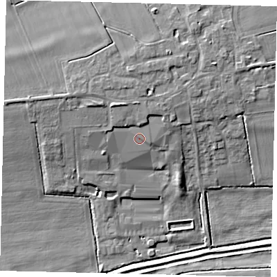Shaded relief map of the ground around NG349SL, computed from Environment Agency LiDAR. The ground here sits at about 10 m above sea level and falls 10 m across the surrounding 800 m. Surface water reaching this point runs off ground lying to the north-north-west, 3.3 m higher.