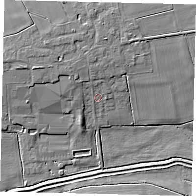 Shaded relief map of the ground around NG349SP, computed from Environment Agency LiDAR. The ground here sits at about 8 m above sea level and falls 10 m across the surrounding 800 m. Surface water reaching this point runs off ground lying to the north, 2.1 m higher.