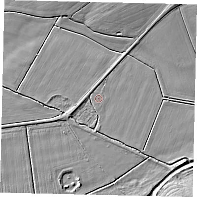 Shaded relief map of the ground around NG349SQ, computed from Environment Agency LiDAR. The ground here sits at about 6 m above sea level and falls 7 m across the surrounding 800 m. The ground contributing surface water to this point lies to the west.