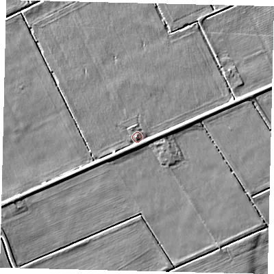 Shaded relief map of the ground around NG349SY, computed from Environment Agency LiDAR. The ground here sits at about 2 m above sea level and falls 5 m across the surrounding 800 m. Surface water reaching this point runs off ground lying to the south-east, 1.6 m higher.