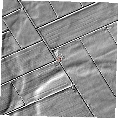 Shaded relief map of the ground around NG349SZ, computed from Environment Agency LiDAR. The ground here sits at about 2 m above sea level and falls 4 m across the surrounding 800 m. Surface water reaching this point runs off ground lying to the south, 3.2 m higher.