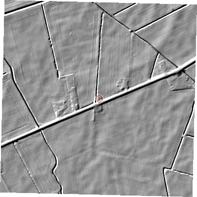 Shaded relief map of the ground around NG349TA, computed from Environment Agency LiDAR. The ground here sits at about 2 m above sea level and falls 4 m across the surrounding 800 m. Surface water reaching this point runs off ground lying to the south-west, 2.0 m higher.